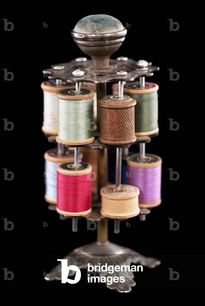 Cotton reel stand, c.1870-80 (brass, wood & cotton)