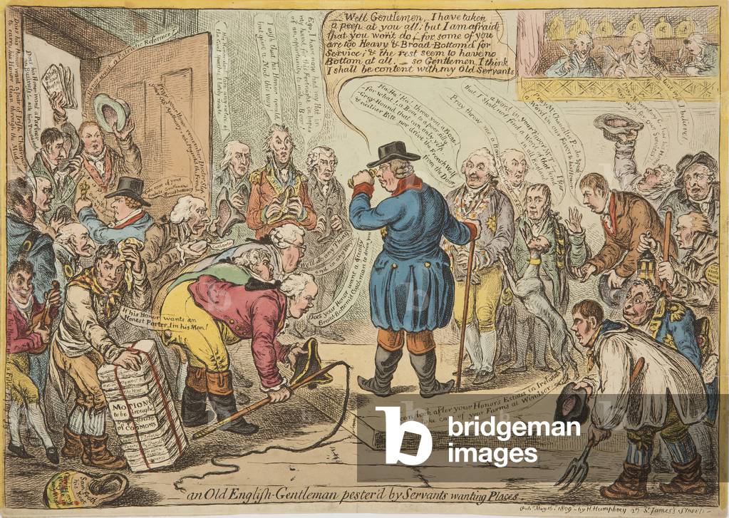 An Old English Gentleman pester'd by Servants wanting Places, 1809 (coloured engraving)