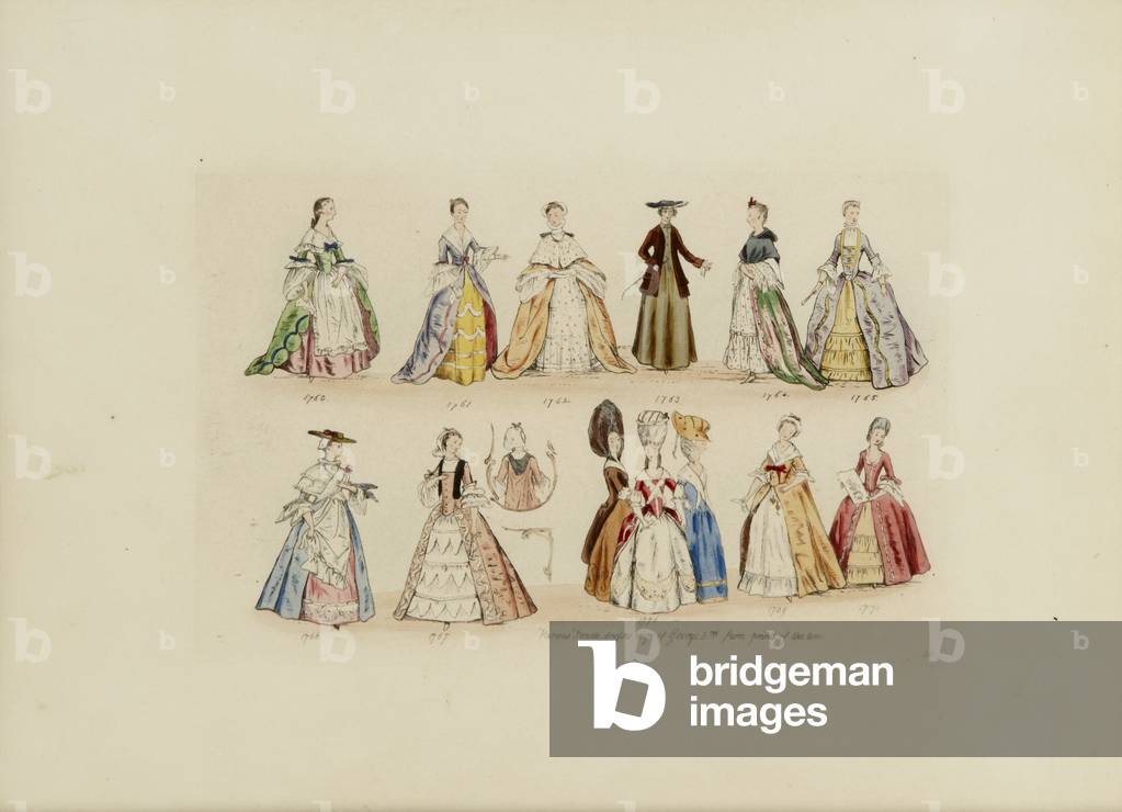 Women's fashion, 1760-71, 1842 (hand-coloured etching)