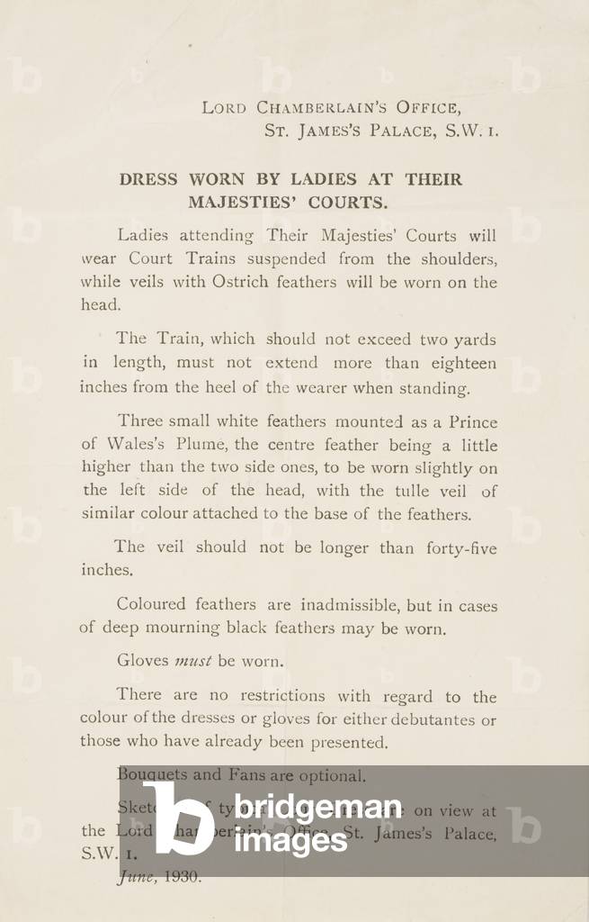 Court dress instructions, from Lord Chamberlain's Office, 1930