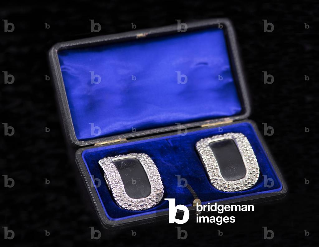 Gentleman's shoe buckles, c.1908-10 (steel & patent leather)