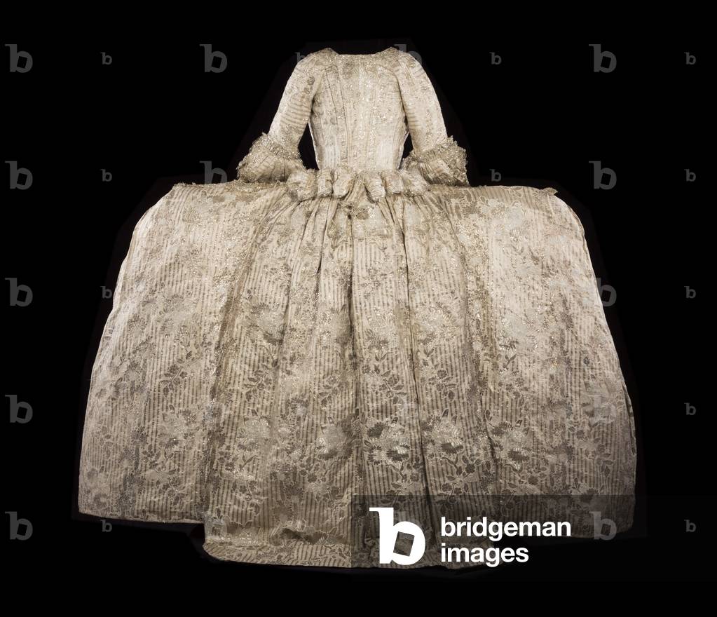 The Rockingham Mantua, c.1760-65 (silk satin brocaded in silver thread with silver lace trim)