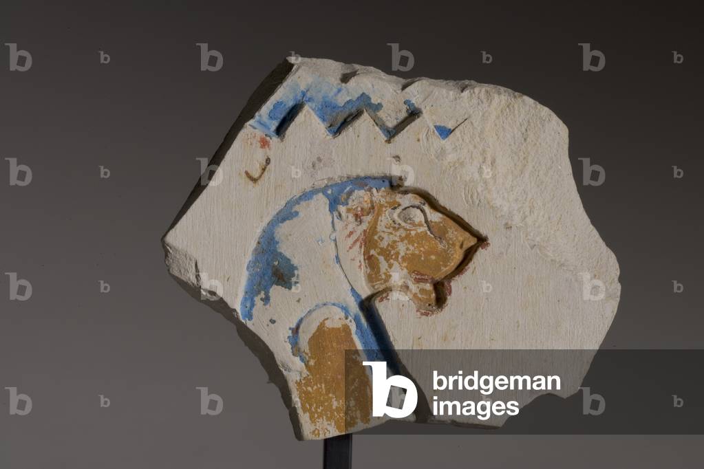 Fragment with a lion-headed hieroglyph, Late Period (painted limestone)