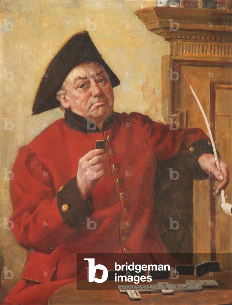 A Chelsea Pensioner playing dominos (oil on canvas)