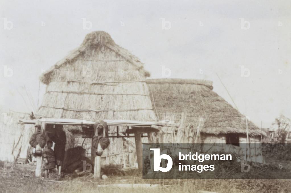 Ainu Storehouse with Ainu Children, c.1890s (gelatin silver print)