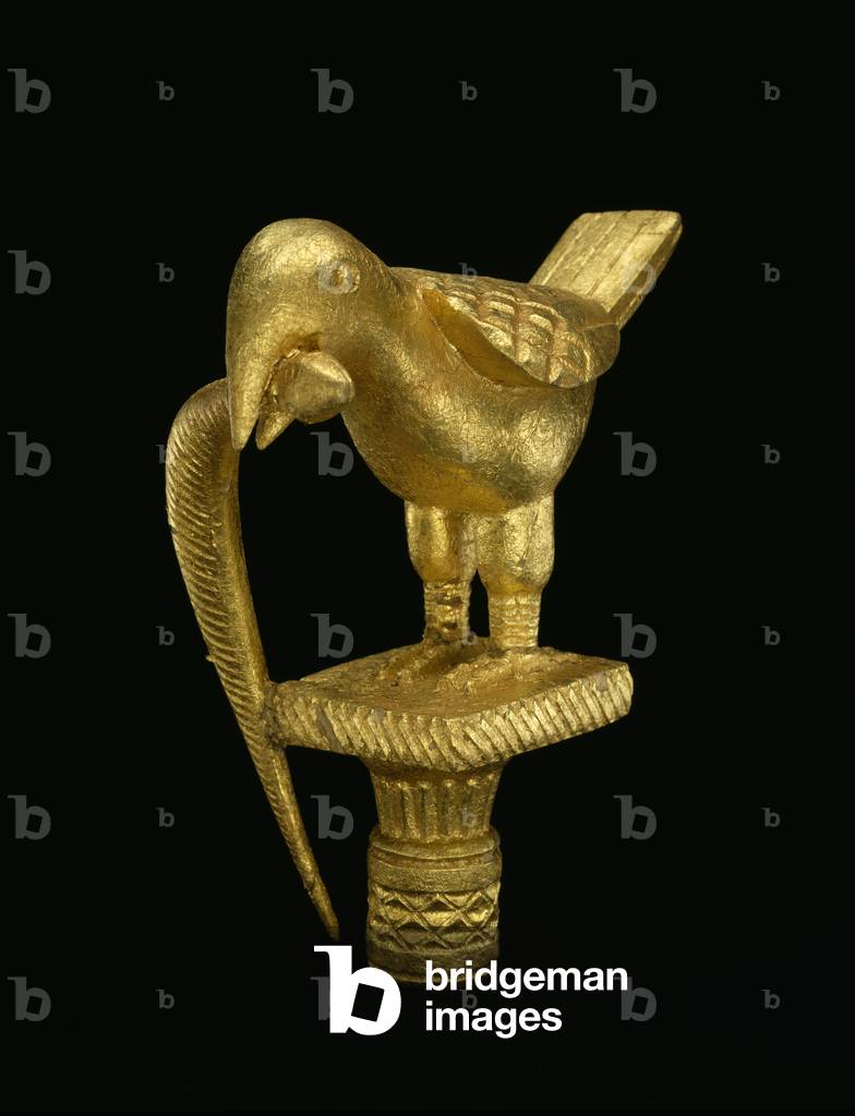 Linguist Staff Finial Representing a Bird with a Snake in its Mouth  Linguist Staff Top Representing a Bird with a Snake in its Mouth, c. 1950 (wood and gold leaf)