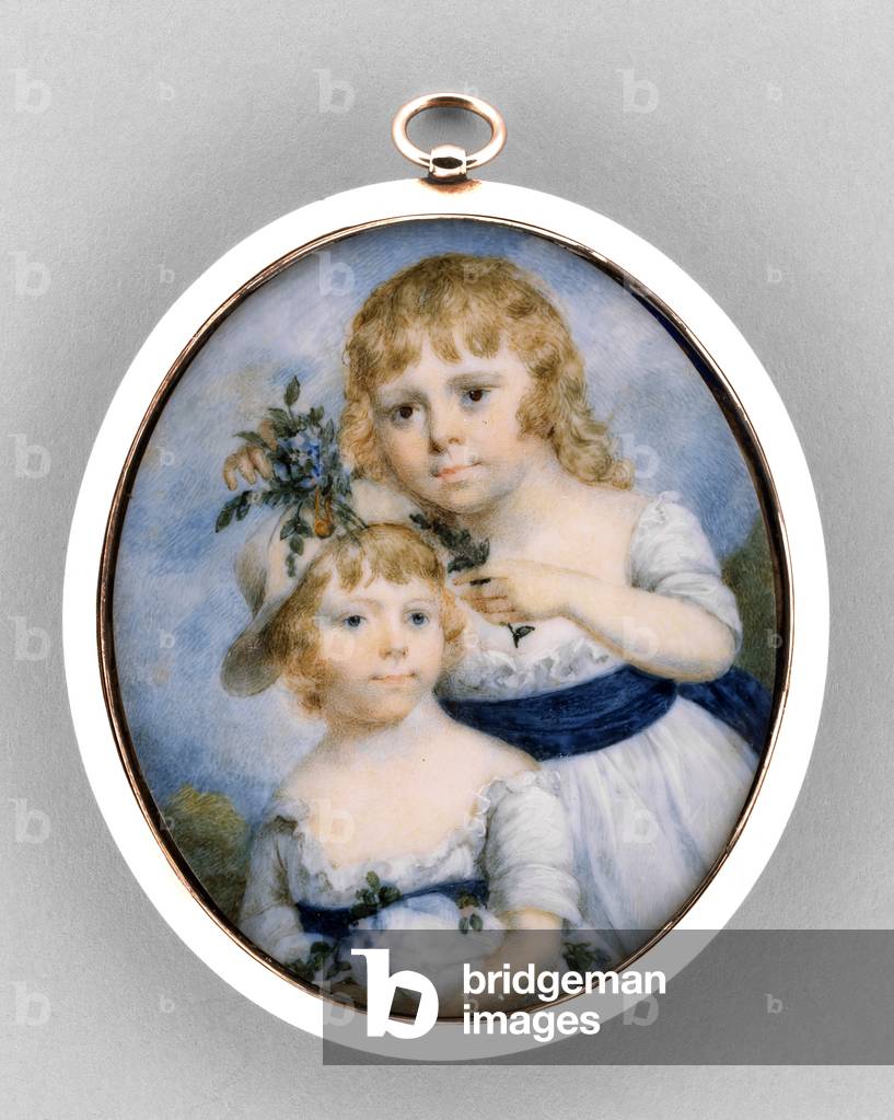 Portrait of two sisters, c.1795 (w/c on ivory, 12k rose gold, embossed metallic foil, seed pearls, hair, and glass)
