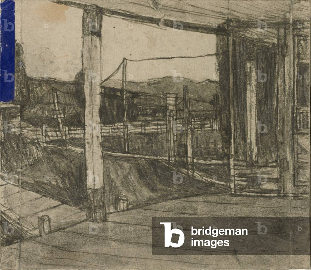 Untitled (twig pen with soot and spit on found paper)