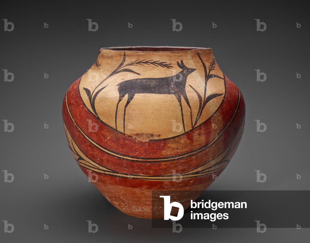 Jar (Olla) with Deer, Plants, and Rainbow Band, 1890-1910 (earthenware with slip)