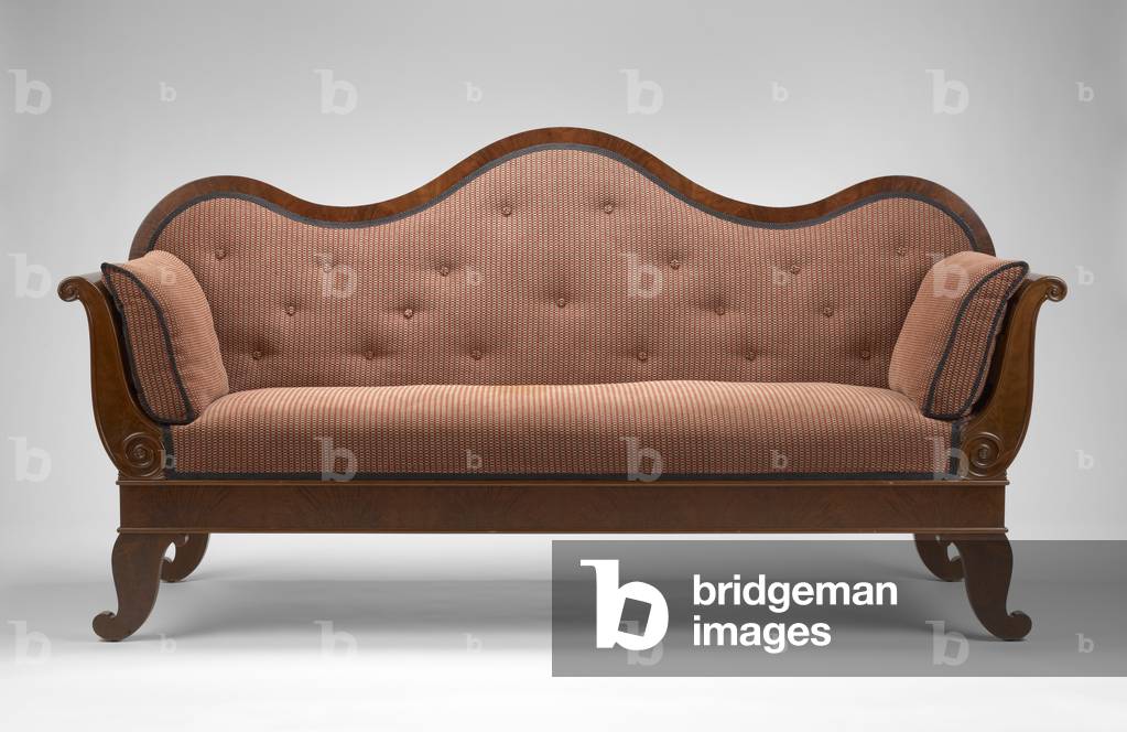 Sofa, c. 1855 (black walnut; black walnut veneer, unidentified secondary woods, and modern upholstery)