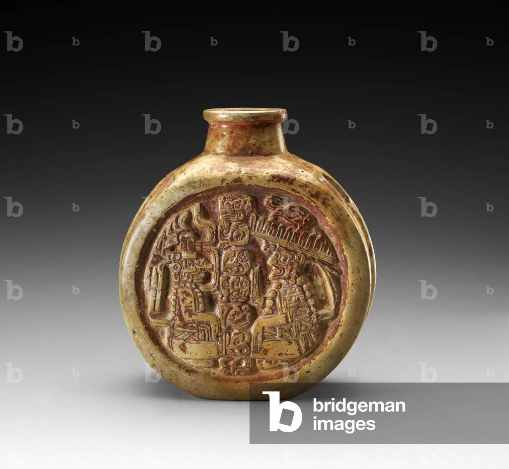 Flask with glyphs and seated figures, 600-900 AD (earthenware with slip)