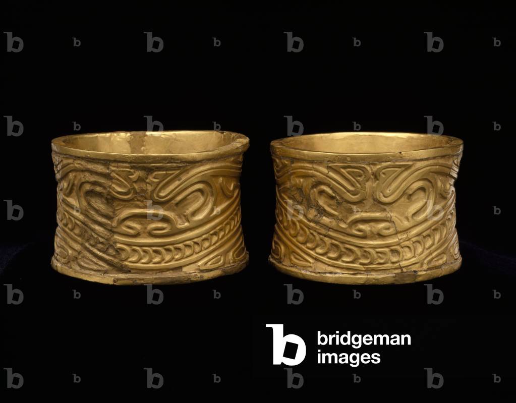 Pair of Armbands with Stylized Feline Faces, 100 BC-800 AD (hammered & chased gold)