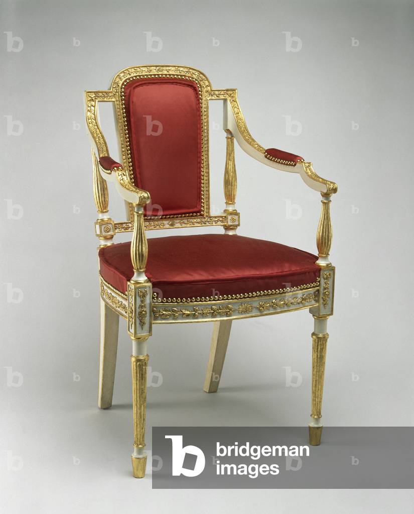 Armchair, 1785-1815 (ash; painted and gilded, composition decoration; original linen and horsehair foundation; gilded brass tacks; and modern silk cover)