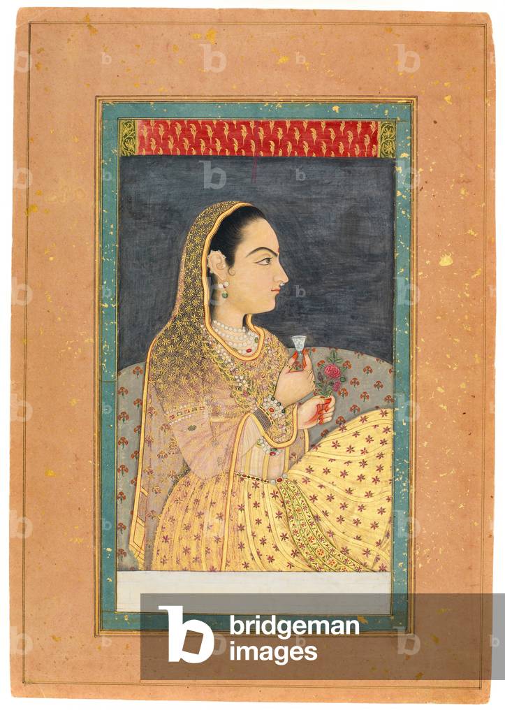 Lady Holding a Cup and a Flower, early 18th century (w/c with gold and silver on paper)
