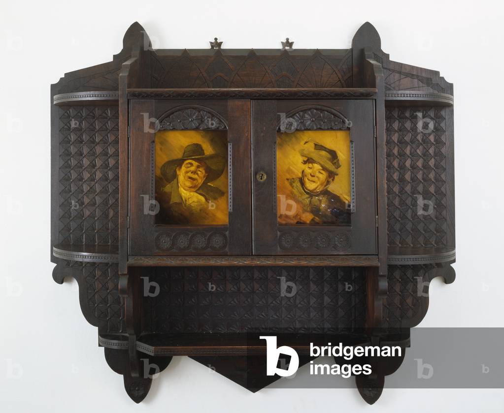 Hanging Wall Cabinet with Ceramic Plaques, c. 1890s (black walnut and earthenware)