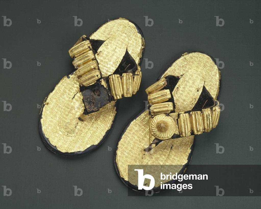 Pair of Sandals, 1950-1980 (leather, wood, gold leaf)