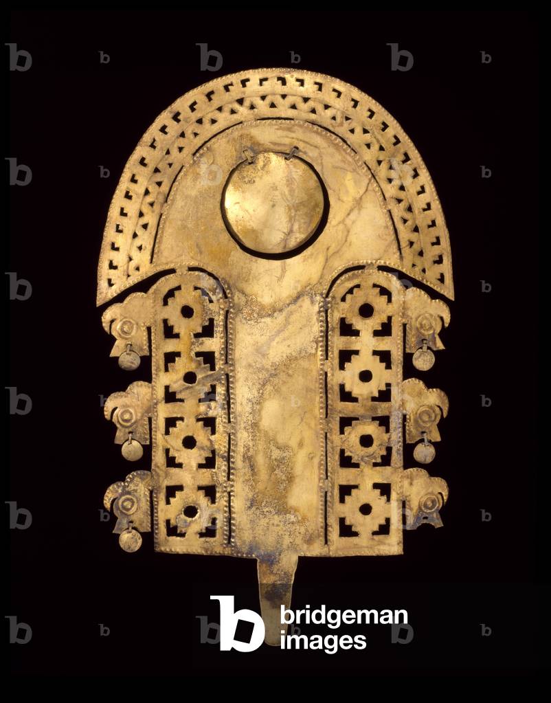 Headdress ornament, 1100-1450 AD (hammered, cut & chased gold)