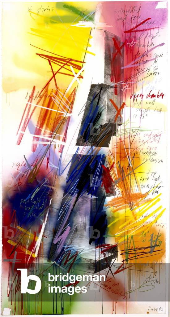 Vertical 85° Sculpture, 1983 (gouache, oil pastel, coloured pencil, graphite, acrylic spray paint & screenprinted photograph on paper)