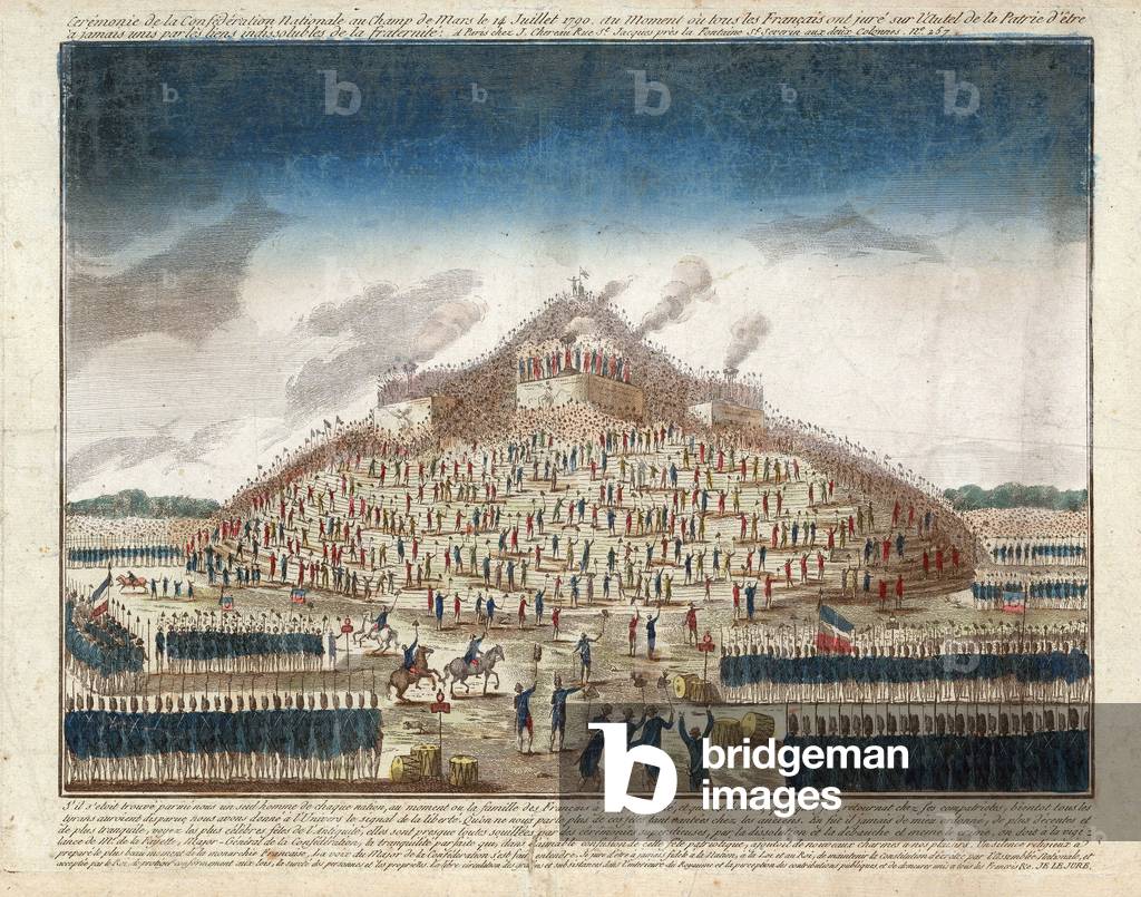 Revolution francaise: Confederation Nationale du 14 juillet 1790 (ou fete de la federation). Eau-forte et burin anonyme, 1790, French Revolution: Fete de la Federation in Paris on july 14, 1970, engraving