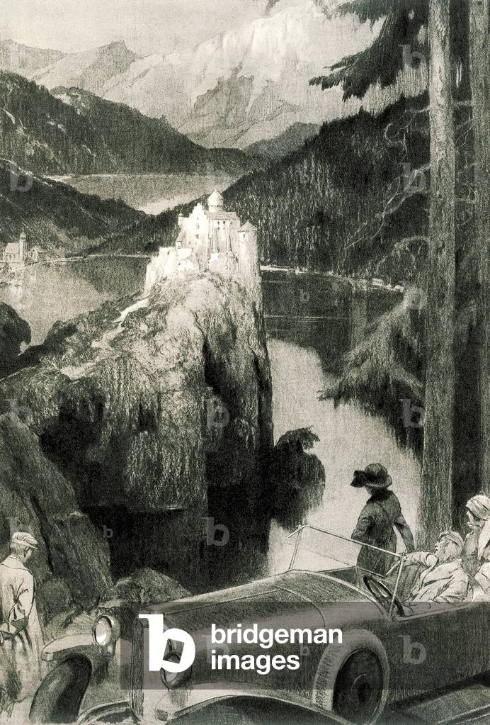 Tourists visiting Tyrol by car, 1922 (engraving)