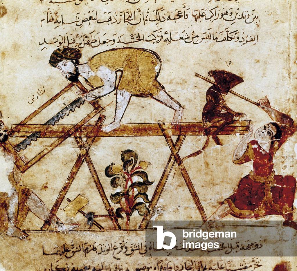 A man sawing wood and a young woman standing a monkey, 1237 (miniature)