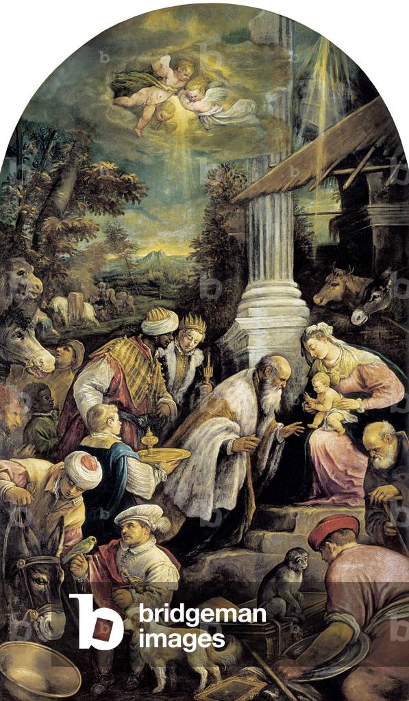 L'adoration des mages (Adorazione dei Magi) . Peinture de Francesco BASSANO (1540-1592), 1585-1590 . Vienne. Kunsthistorisches Museum Vienna