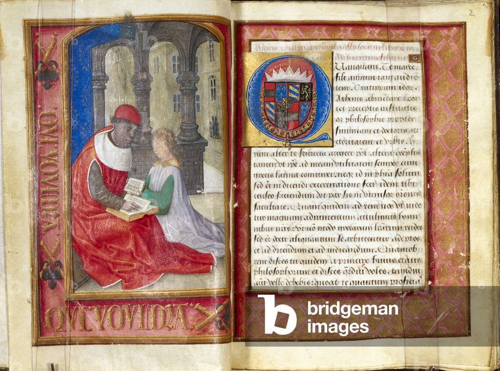 Double page of the manuscript “De officiis” (dealing with duties) by Ciceron (Marcus Tullius Cicero) (106-43 BC) representing the author (miniature)
