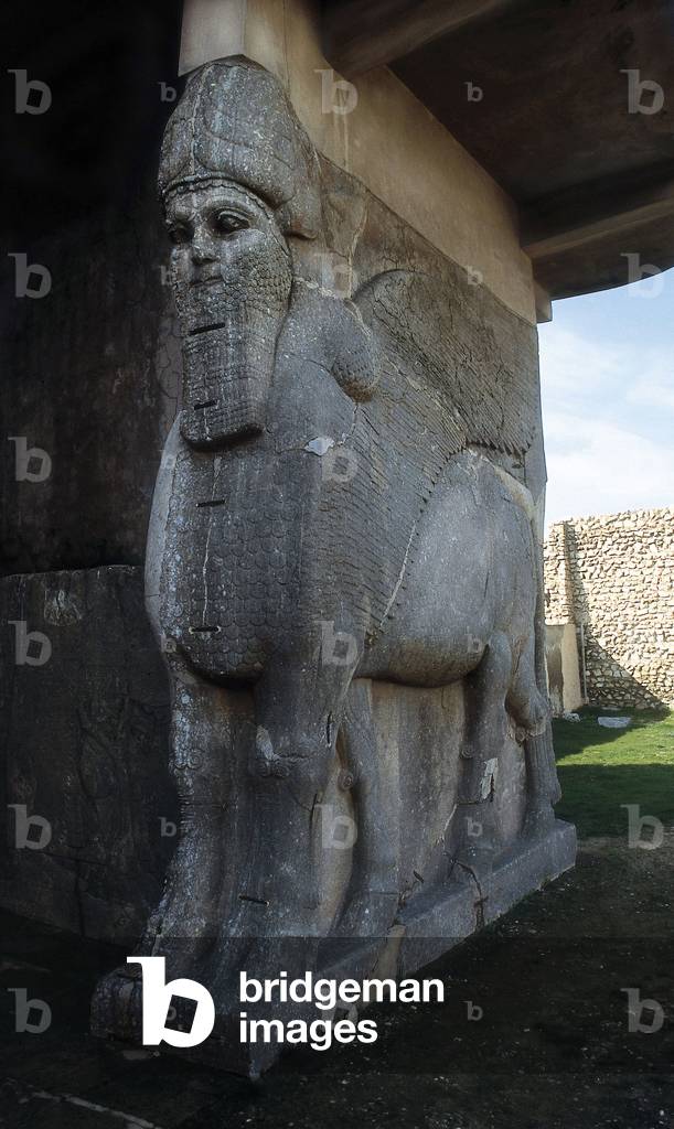 Assyrian art: a winged bull with a human figure, guardian of the entrance to the palace of Ashurnasirpal II (883-859 BC), in Khalu, Iraq