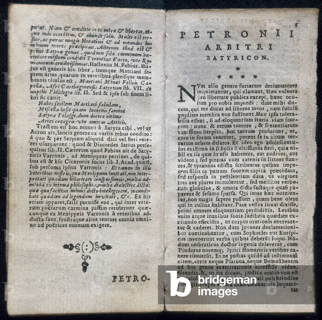 Page of “The satyricon” (Satiricon) by Petrone (Caius Petronius Arbiter) (12/17-66 A.D.), Latin edition printed in Amsterdam in 1634.