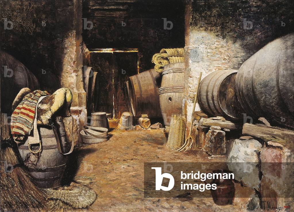 Inner of a cell. Barn with barrels in hay and horse saddle. Painting by Tomas Moragas Y Torras (1837-1906), late 19th century. Oil on canvas. Barcelona, National Art Museum of Catalonia.