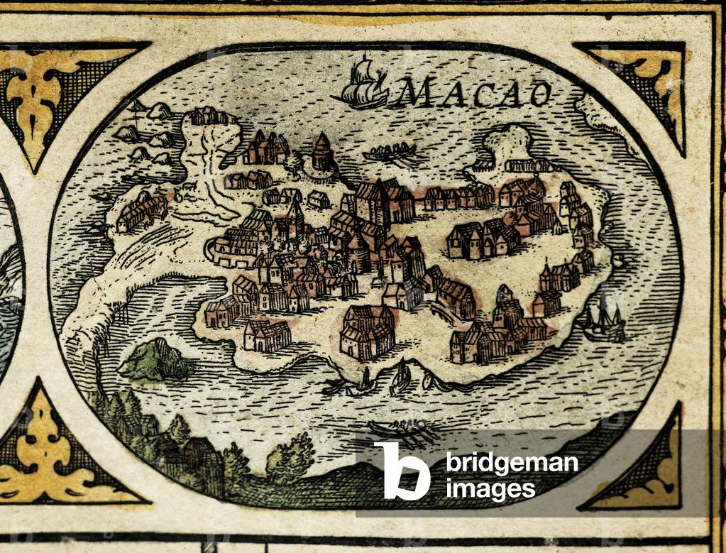 Representation de Macao, detail in Le Theatre du monde, 1645, de Willem Janszoon Blaeu (1571-1638) et Jan Blaeu (1596-1673). Eau forte en couleurs. Bibliotheque nationale de Catalogne, Barcelone.