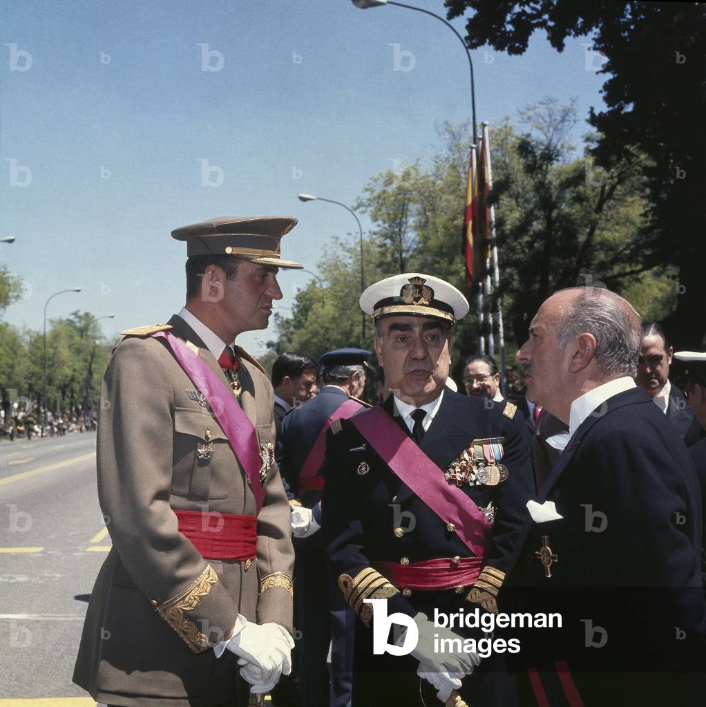 Spanish Prince Juan Carlos (later King Juan Carlos I) with Admiral Luis Carrero Blanco and Alejandro Rodriguez Valcarcel, 1970 (photo)