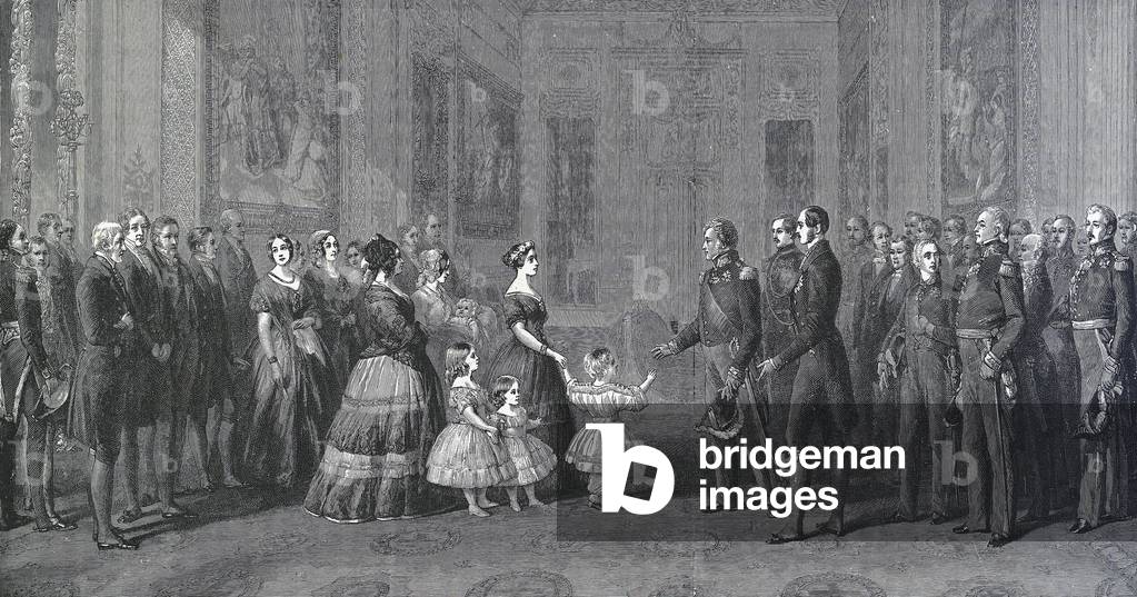 La reine d'Angleterre Victoria (1819-1901) recoit Louis-Philippe Ier (Louis Philippe d'Orleans,1773-1850), roi de France au chateau de Windsor, le 8 Octobre 1844. Gravure d'apres une peinture de Winterhalter, 19eme siecle.