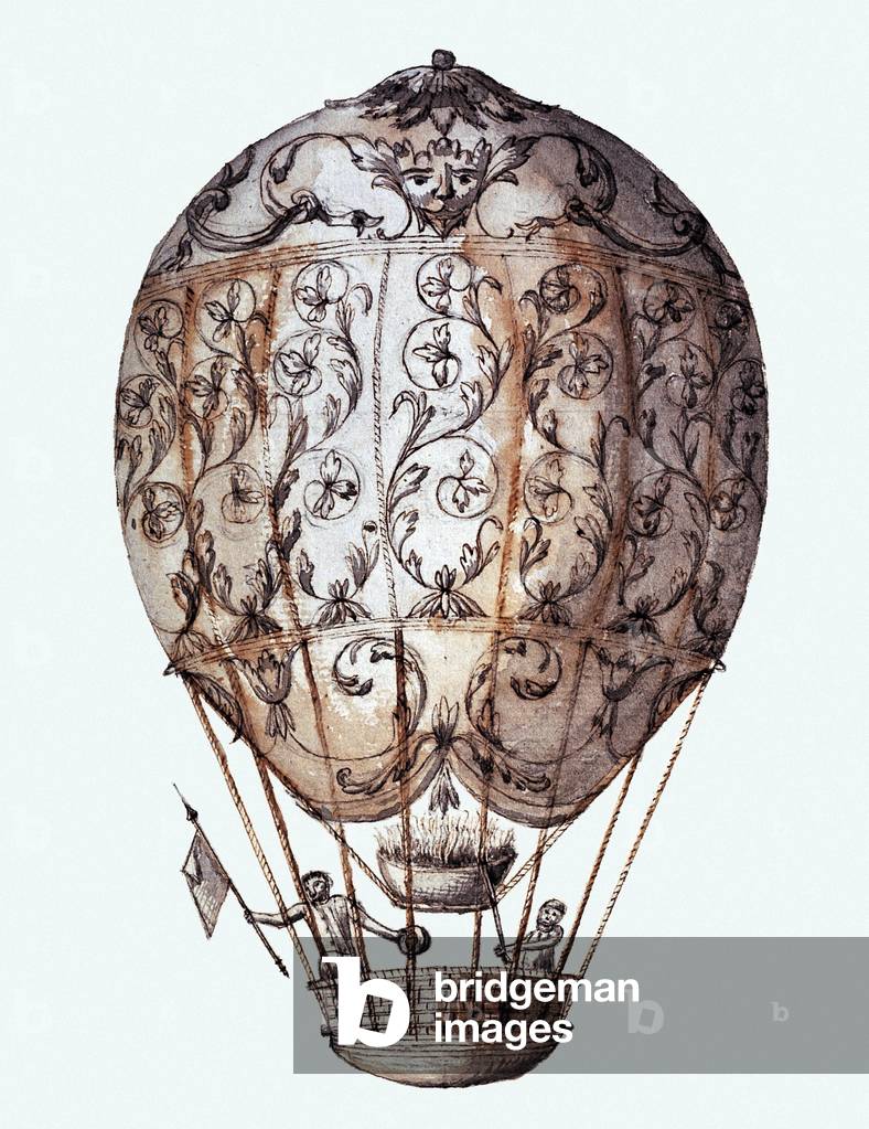 Aerostat balloon warm air from the 18th century. Strong water in colors, 18th century.