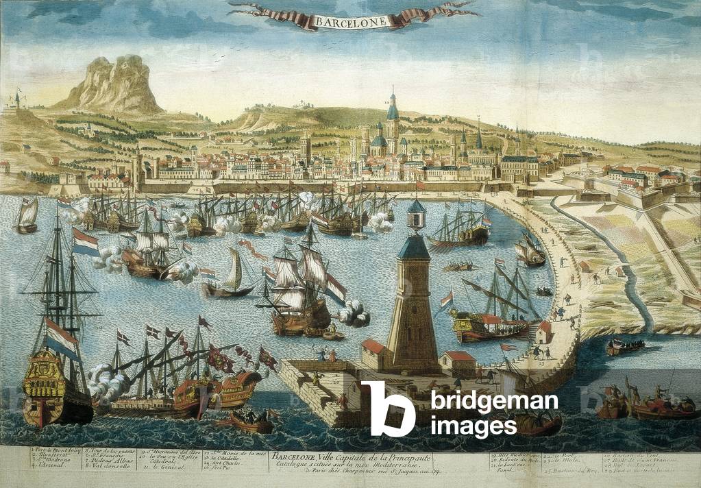 The City and Port of Barcelona (colour engraving)