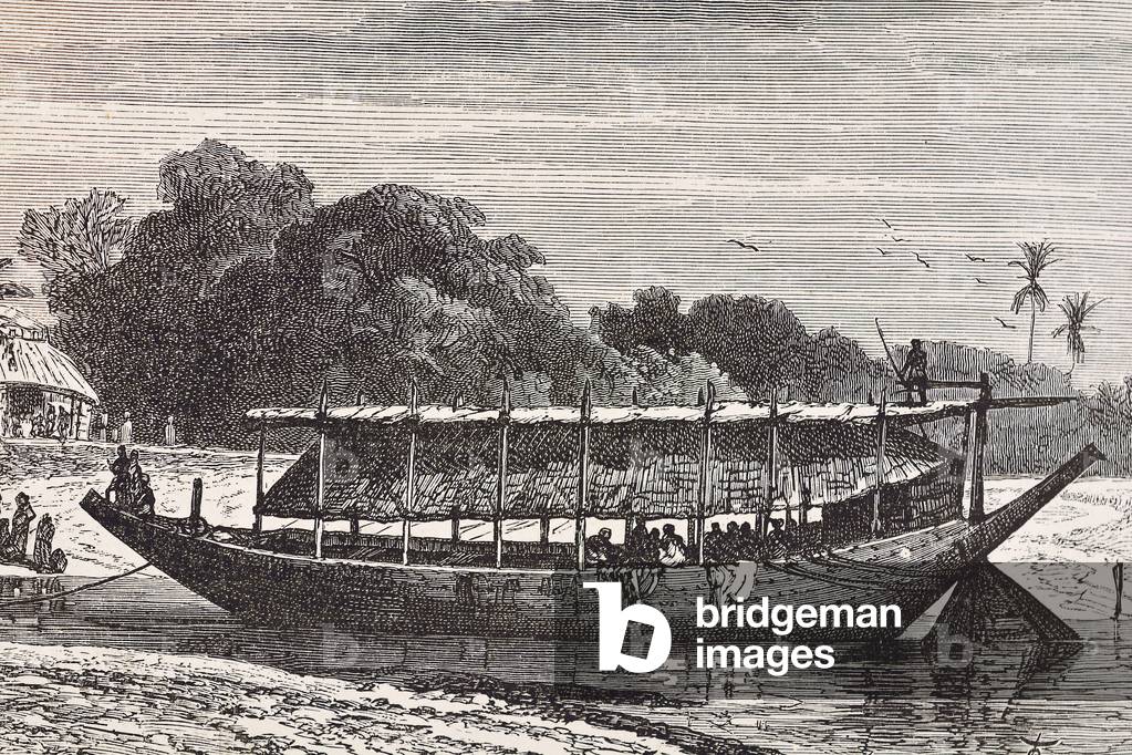 Boat on the Ganges. Illustration of 1880 (engraving)