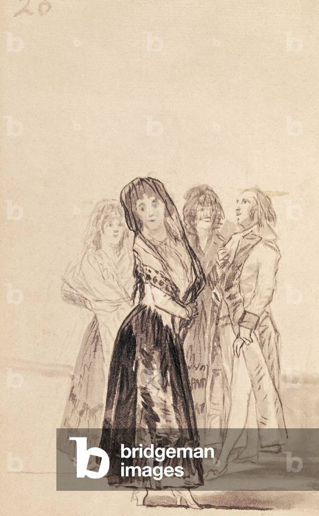 A lady with two companions and a gallant (ink on paper)
