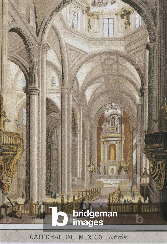 Interior view of the cathedral of Guadalajara in Mexico City, Mexico. Chromolithography circa 1880