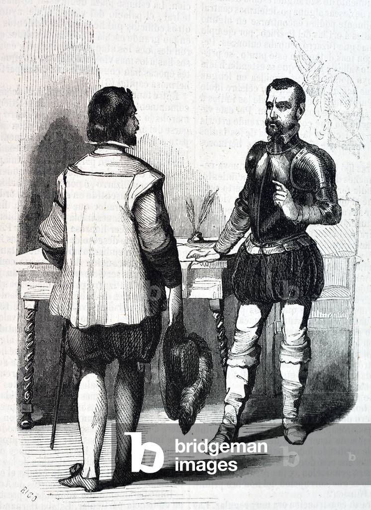 ALVARADO, Pedro de (1485-1541). Spanish conquistador and governor of Guatemala.; PIZARRO, Francisco (1476-1541). Spanish military man, conqueror of Peru. Peru (16th century). Conference of Pizarro and Alvarado. Illustration of 1851. Engraving. Private Collection ©Lorio/Iberfoto/Leemage