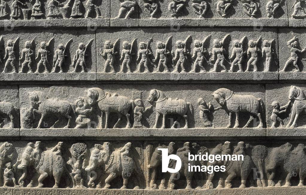 Temple of Hazara Rama, detail of frieze with dancers, horses, elephants and Ramayana scenes, 15th century (stone relief)