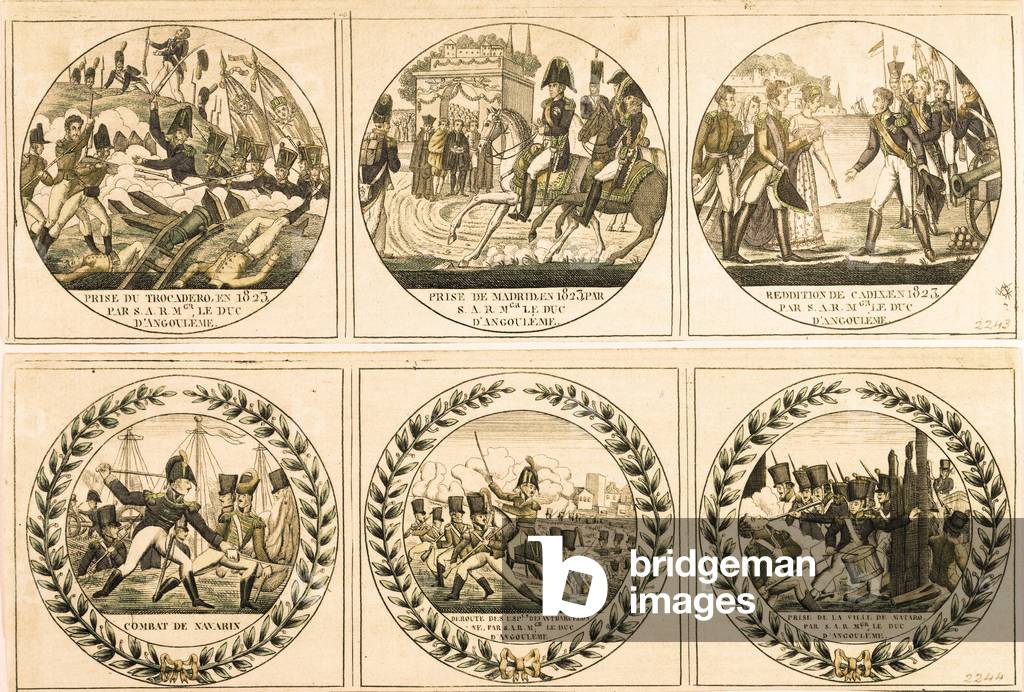 Louis Antoine (Louis-Antoine) of Bourbon, Duke of Angouleme (Louis de France or Louis XIX (1775-1884) during the Spanish expedition of 1823: taking the Trocadero, taking of Madrid, surrender of Cadiz, battle of Navarin, behind the Spanish in front of Barcelona, taking of the city of Mataro. Engraving Madrid, Municipal Museum.
