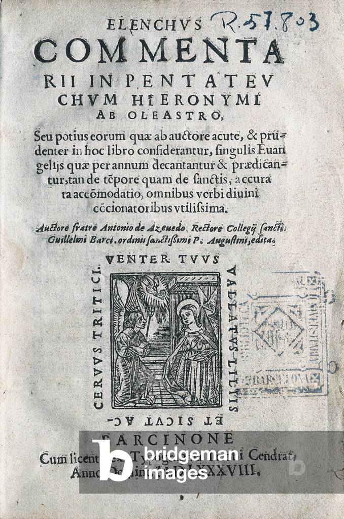 Cover page 'Elenchus commentarii in Pentatucum Hieronymi Oleastro... 'by brother Antonio de Acevedo, 16th century (engraving)