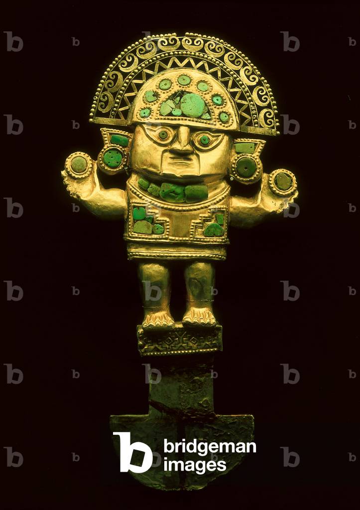 Tumi or ceremonial knife in the shape of Naylamp, Chimu (gold & turquoise)