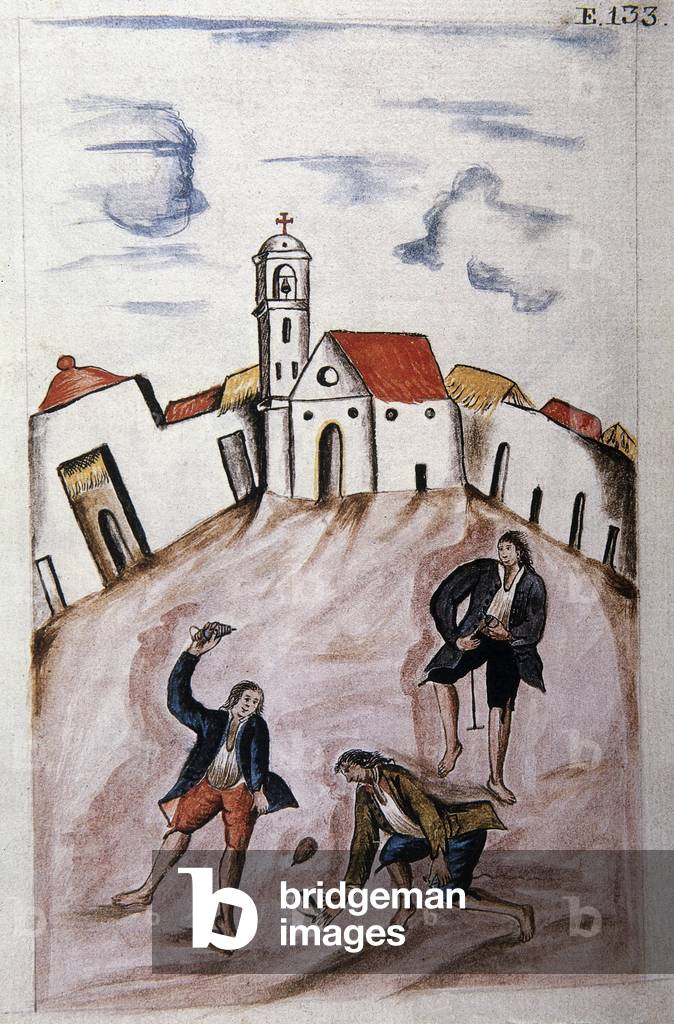 Young Indians playing with a spinning top, from the book 