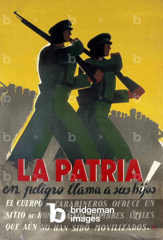 Spanish Civil War: La Patria en peligro llama a su hijo (The homeland in danger calls her son). Poster with Republican Customs (1936)