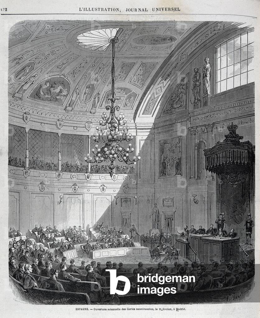Opening of the constituent assembly on February 11, 1869 after the fall of Queen Isabella II of Spain (1830-1904) (engraving)