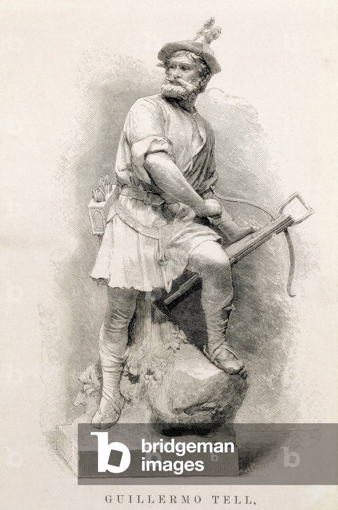 Representation du personnage legendaire Guillaume Tell (Wilhelm Tell), heros de l'independance suisse. Gravure d'apres une statue de Mercie.