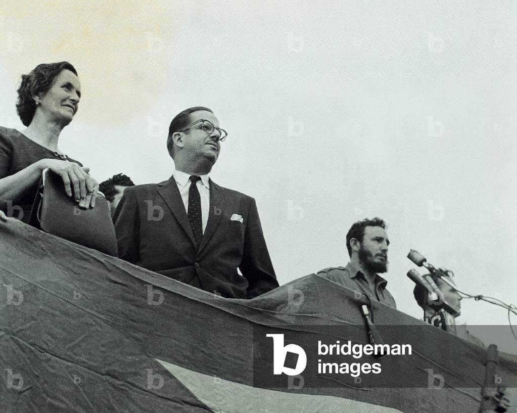 Cuban President Osvaldo Dorticos (1919-1983) (second from left) and Head of State Fidel Castro (third from left) (born 1926) at a political meeting in Havana, Cuba, 20th century (b/w photo)