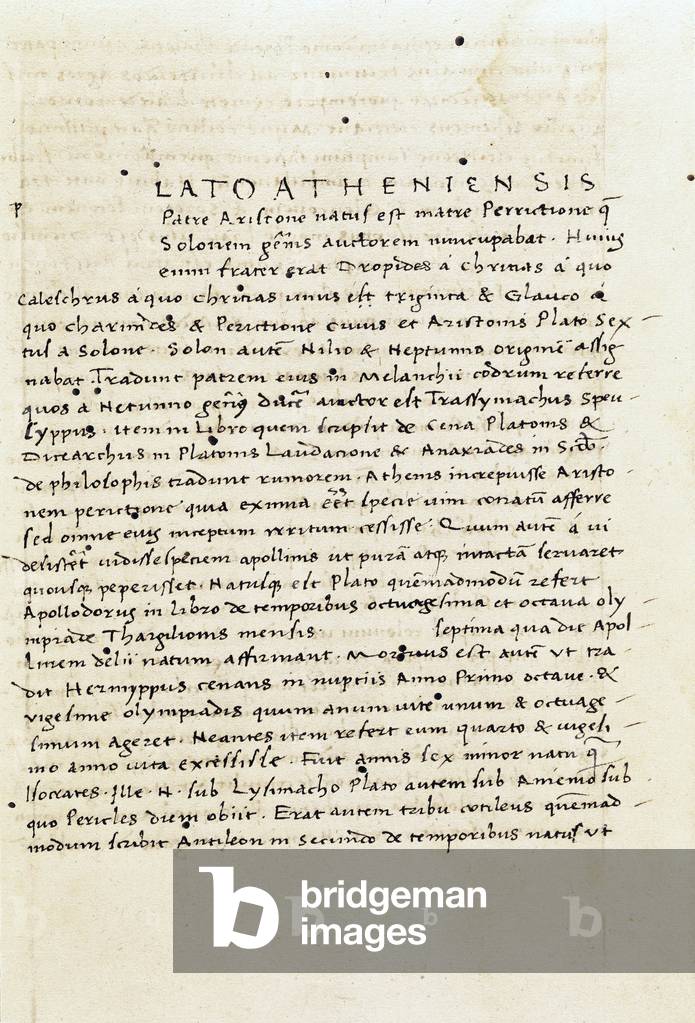 Page of an edition of the “Complete Works” (Omnia Divina Platonis Opera) by philosopher Plato (428-348 BC) (engraving)