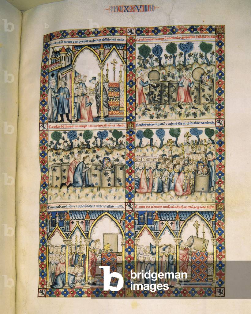 Composition in tribute to the miracles of the Virgin Mary, from Las Cantigas de Santa María (Songs of Saint Mary), Fol. 128, 13th century (illuminated manuscript)